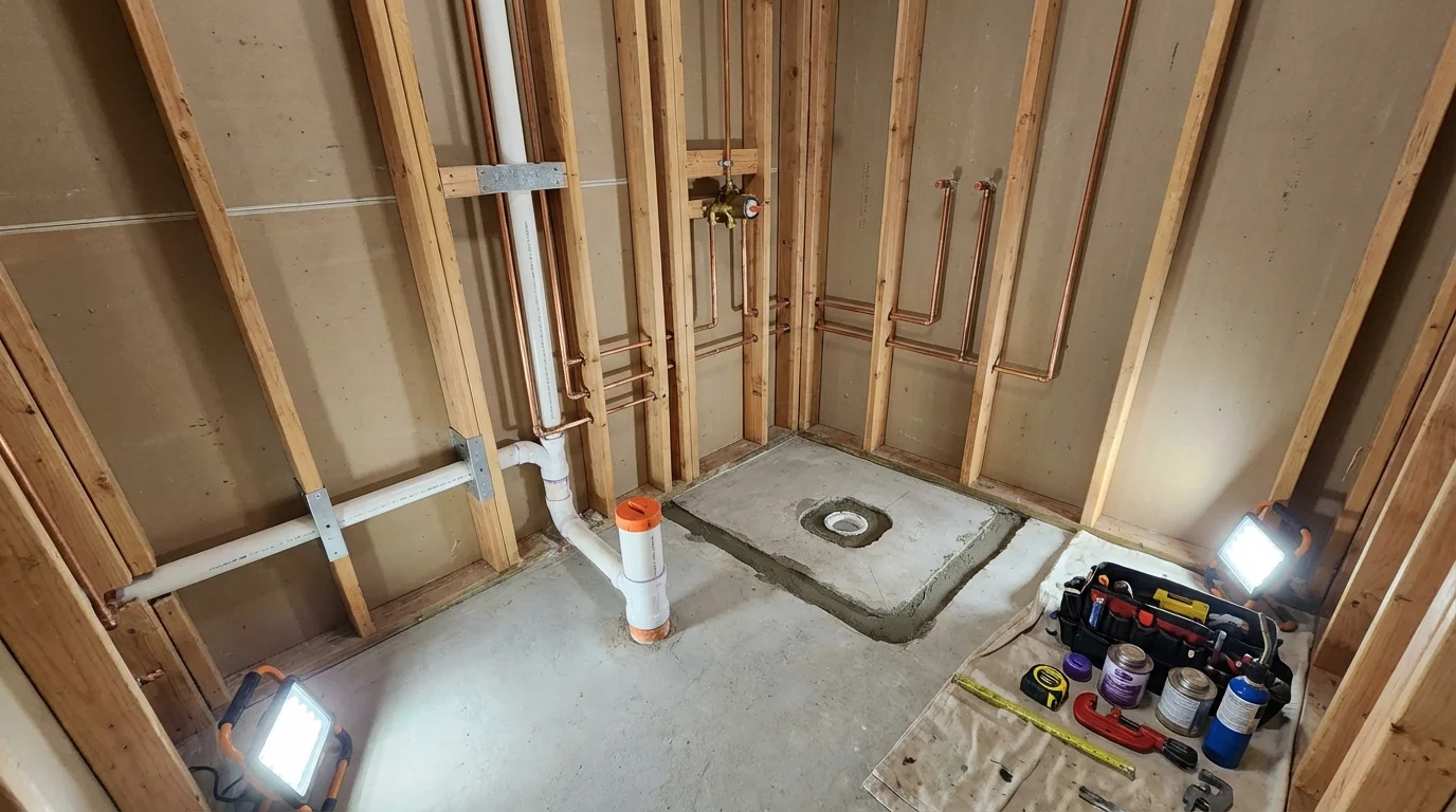 Bathroom rough-in plumbing during remodel by Johns Plumbing LLC in Santa Teresa