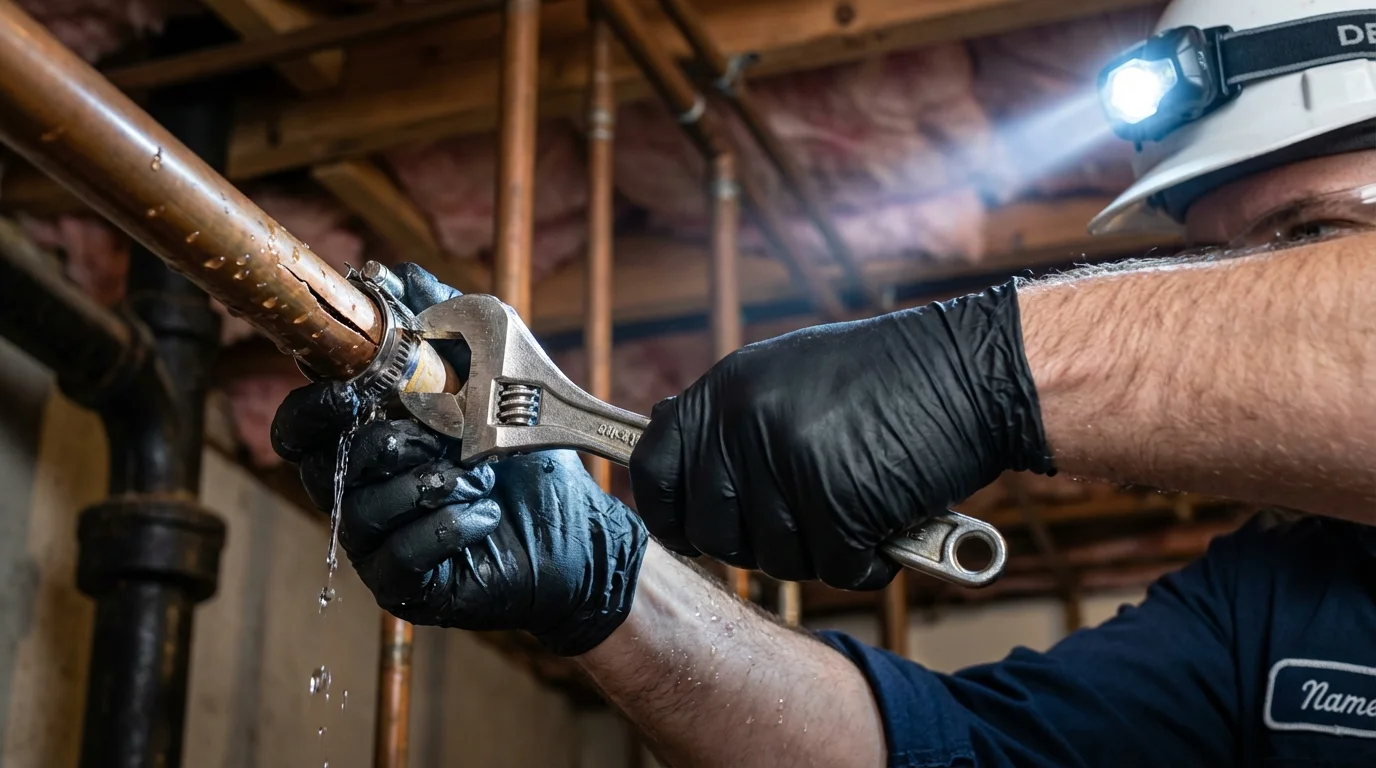 Emergency pipe clamp repair being performed by a Johns Plumbing LLC plumber in Santa Teresa