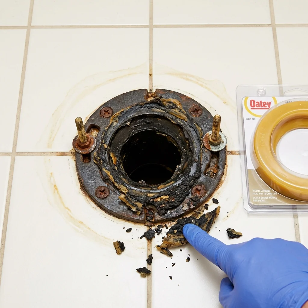 Failed wax ring showing water seepage at the base of a toilet in a Santa Teresa, NM home