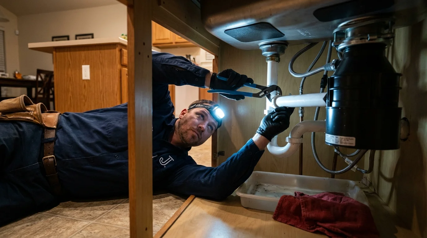 P-trap and supply line connections under a kitchen sink showing a common leak point in Santa Teresa, NM